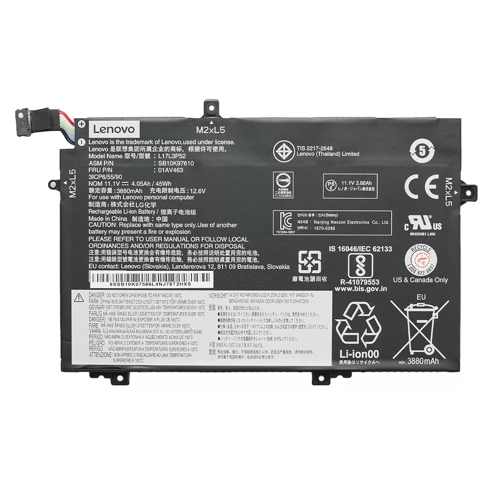 Аккумулятор для ноутбука Lenovo ThinkPad E580, E590, E490, E485, L580, R480 модель L17L3P52 (11.1v / 45Wh/ 3880mAh)