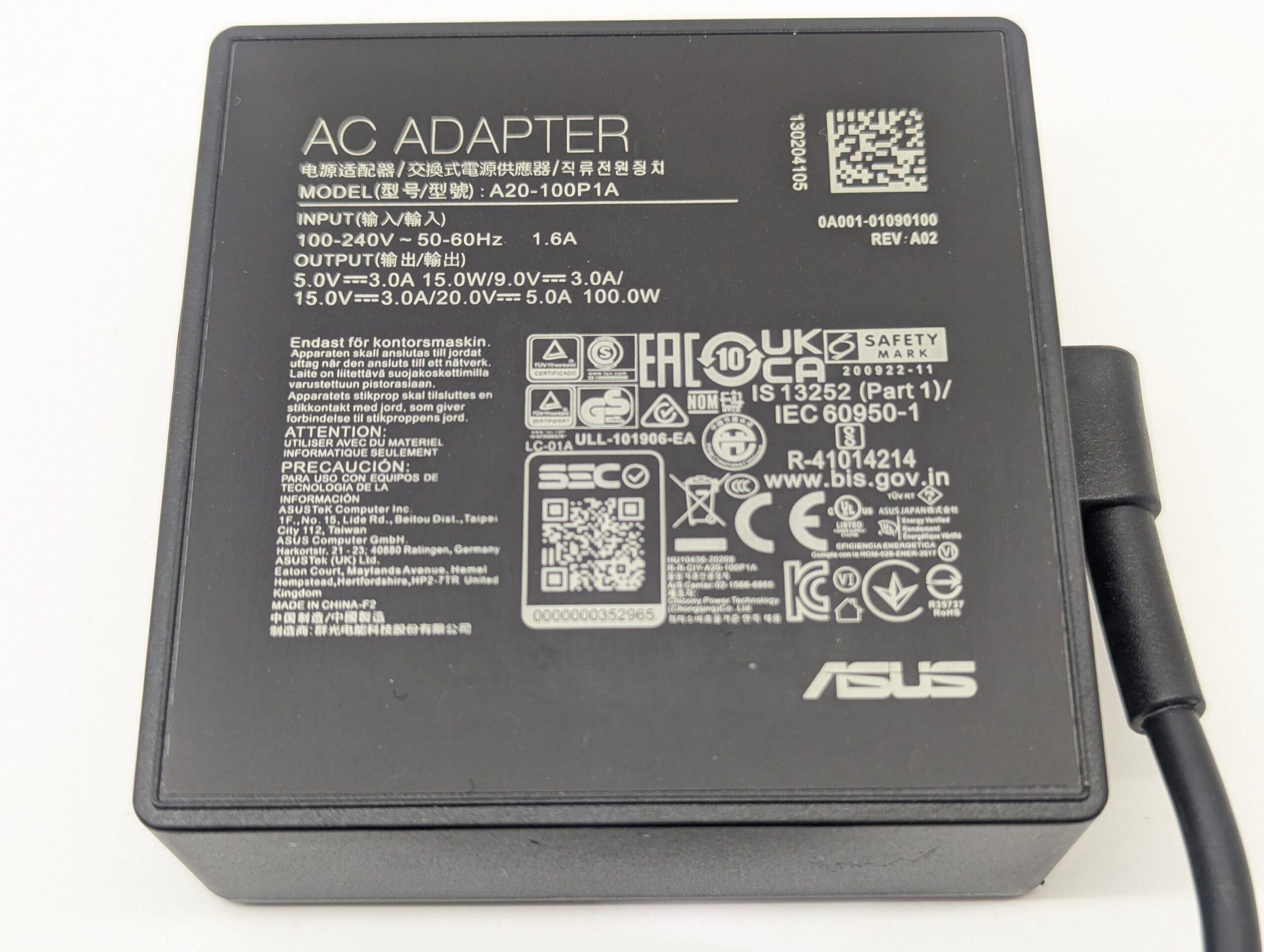 Блок питания A20-100P1A для ноутбука Asus ROG Flow X13 ROG Flow Z13 ROG Strix G17 ROG Zephyrus DUO 15 SE Type-C 100W